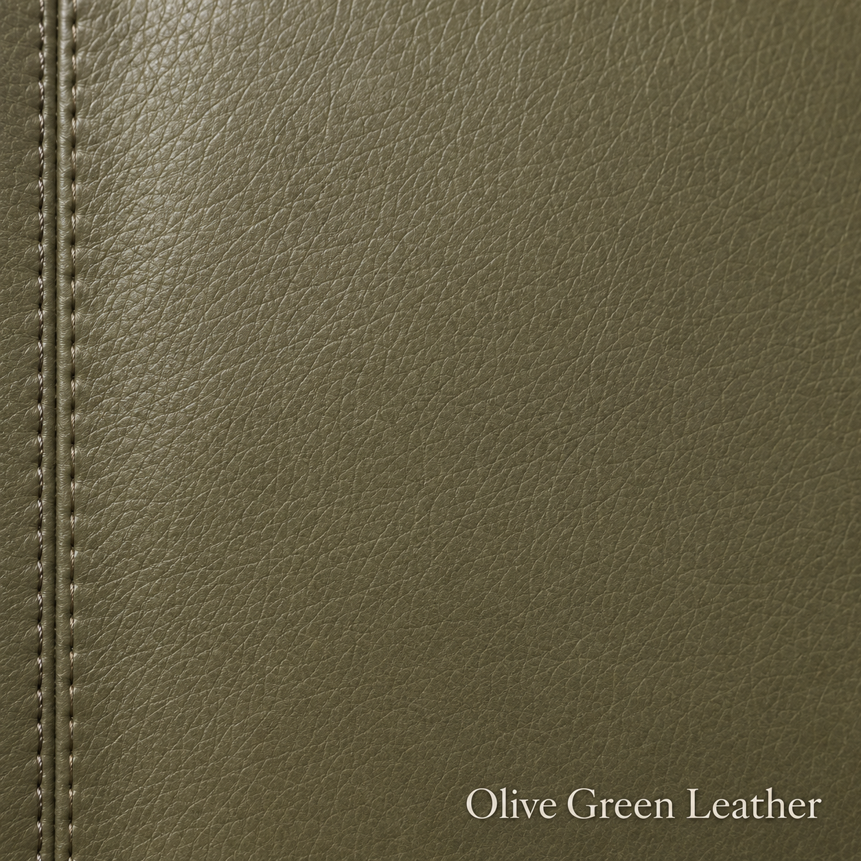 Close-up of olive green leather with visible stitching