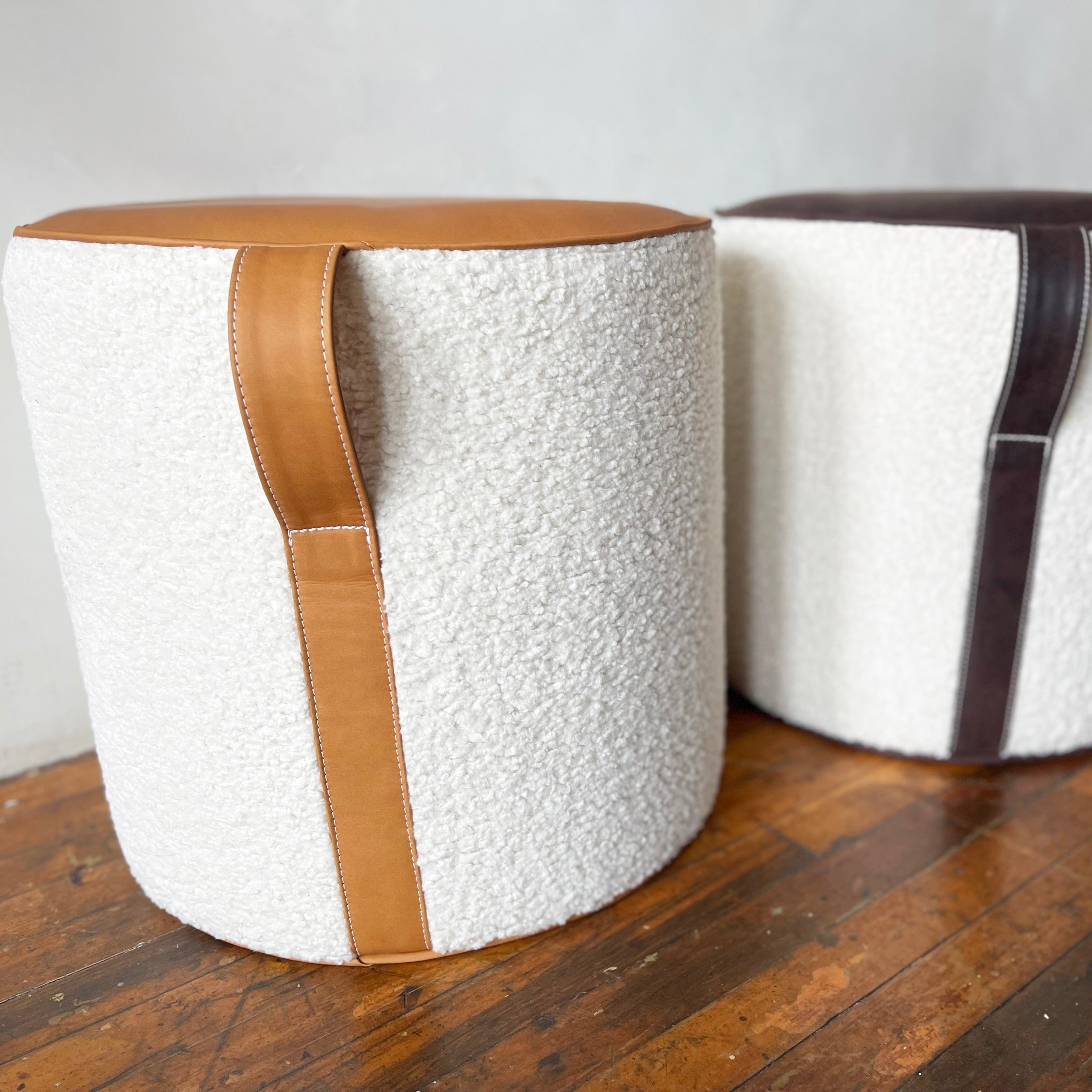 pair of brown leather ottomans with handle 18 inch pouf