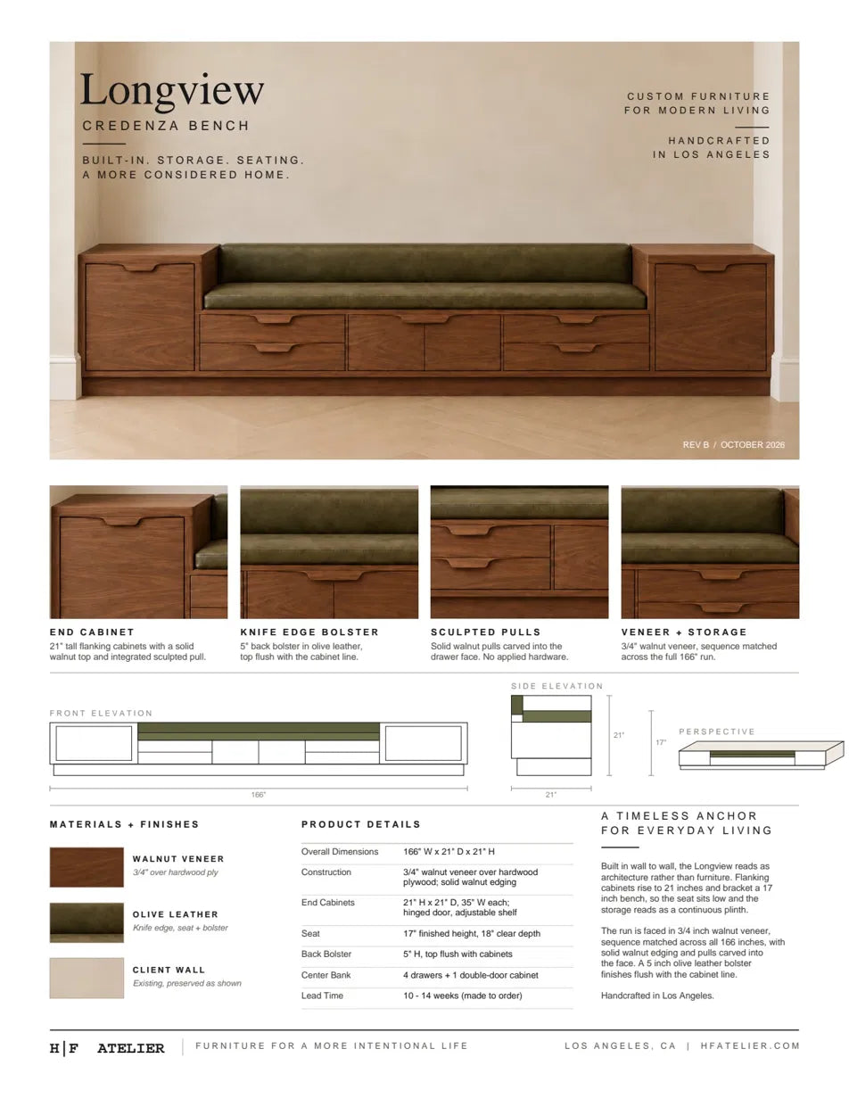 The Longview Walnut + Leather Credenza Bench