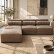 Ready to ship buffalo hide modular sofa with three leather bolster pillows and ottoman