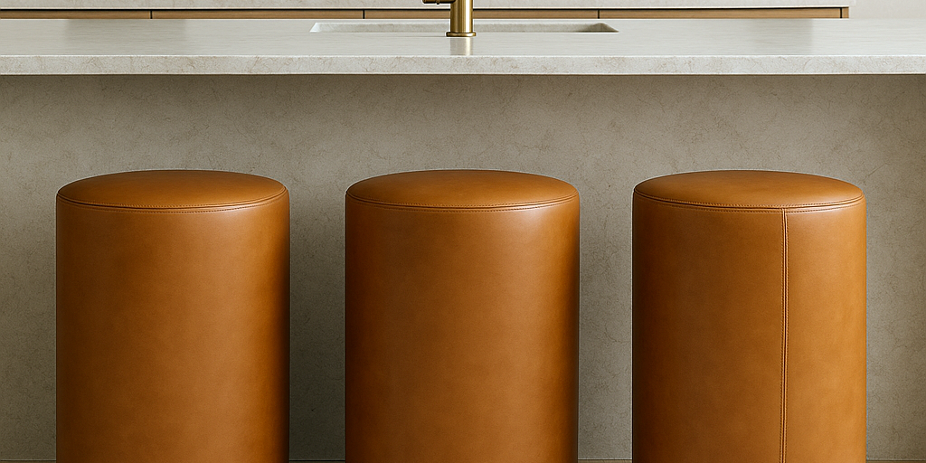 brown Modern round bar stool in full-grain leather with minimalist cylindrical shape placed in a neutral-toned luxury kitchen