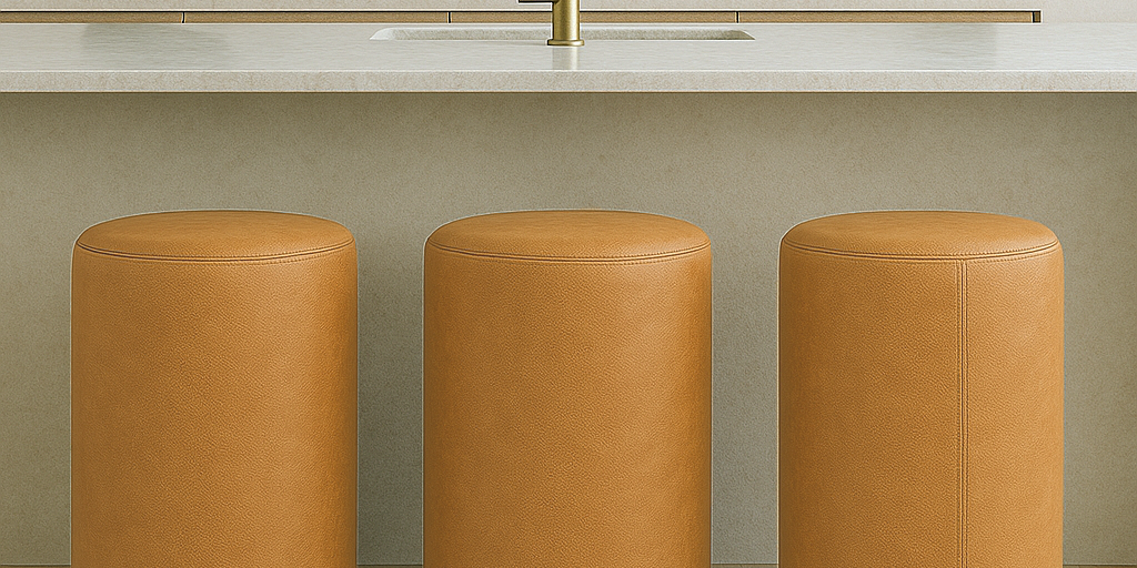 Modern round bar stool in full-grain leather with minimalist cylindrical shape placed in a neutral-toned luxury kitchen