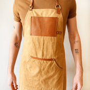 Waxed Canvas Apron Leather Pocket Full Apron | TAN | Brown Leather | Brass Hardware
