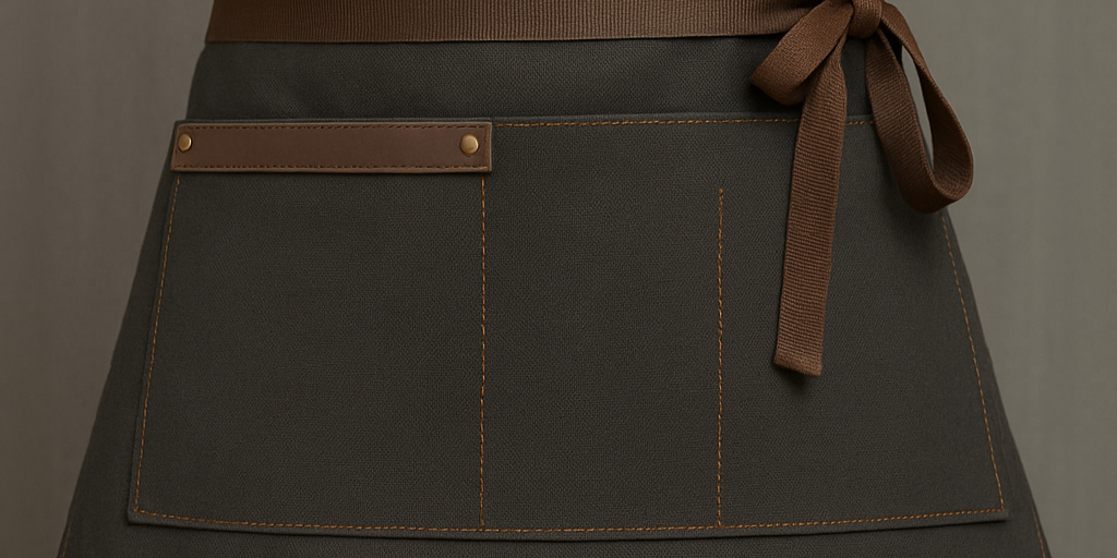 Handmade waxed canvas half apron with brown leather trim, worn by barista or bartender – custom utility apron by HUNTEDFOX