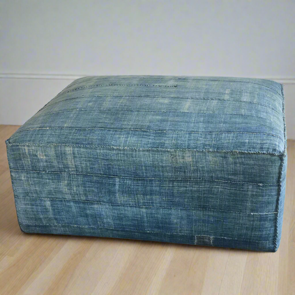 blue denim square ottoman footstool