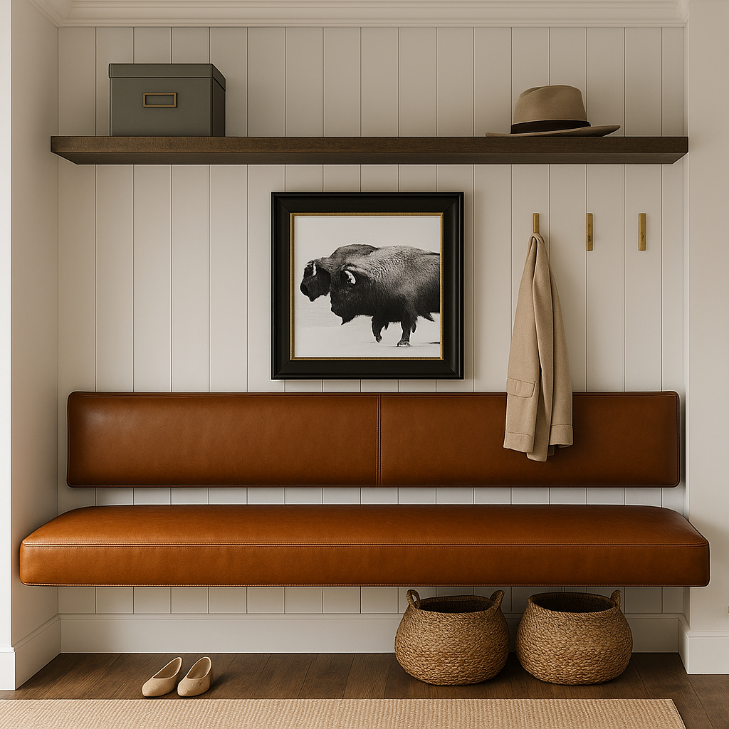 Floating Brown Leather Bench for Restaurant Dining, Entryway or Kitchen