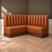 Polo Bar–Inspired Whiskey Leather Restaurant Banquette | Custom Commercial Seating Electrical Outlet + 4" overhang | SEAT h: 9"x d:22x75" + 1x 30.75" finished edge | SEAT BACK [w 12 5 8" channels x4 ] h: 23" x w top: 5" w base: 8"