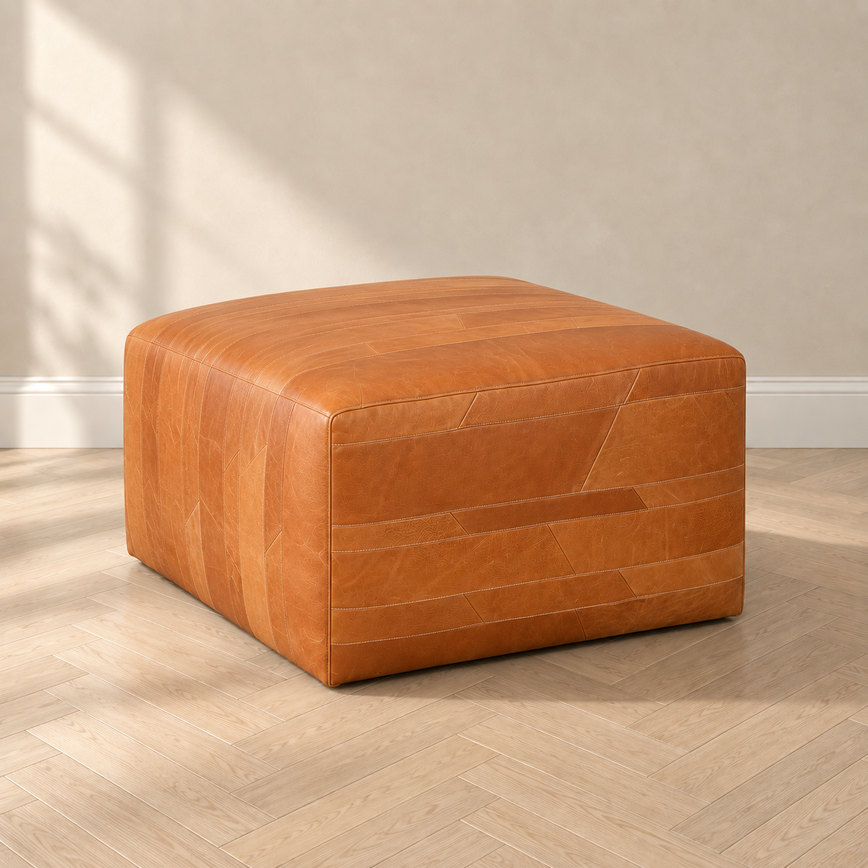 Ready-to-Ship Handcrafted Whiskey Leather Ottoman | 36" Square