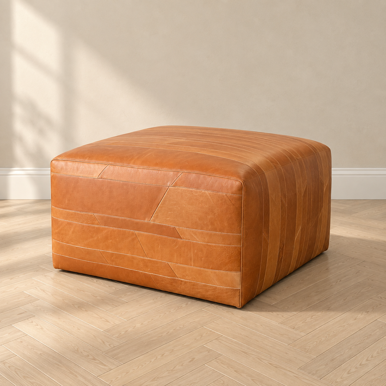 Ready-to-Ship Handcrafted Whiskey Leather Ottoman | 36" Square