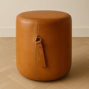brown leather pouf with handle