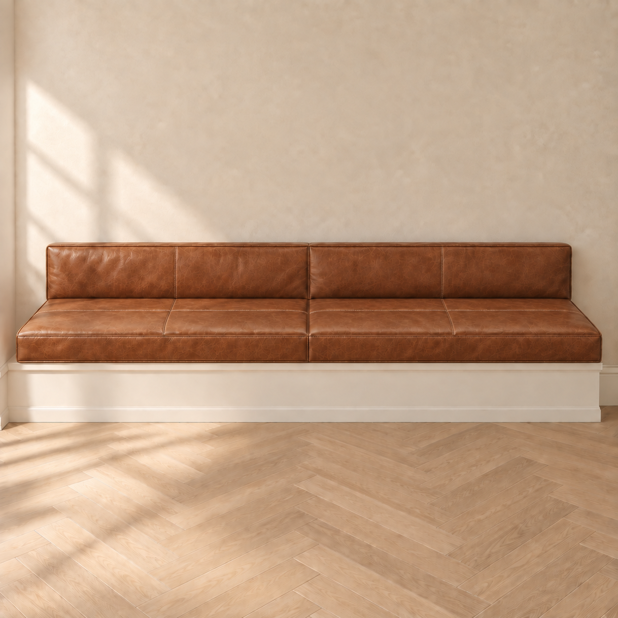 Winston Box Seat Cushion + Backrest | Custom Leather Banquette 49 in Whiskey Leather