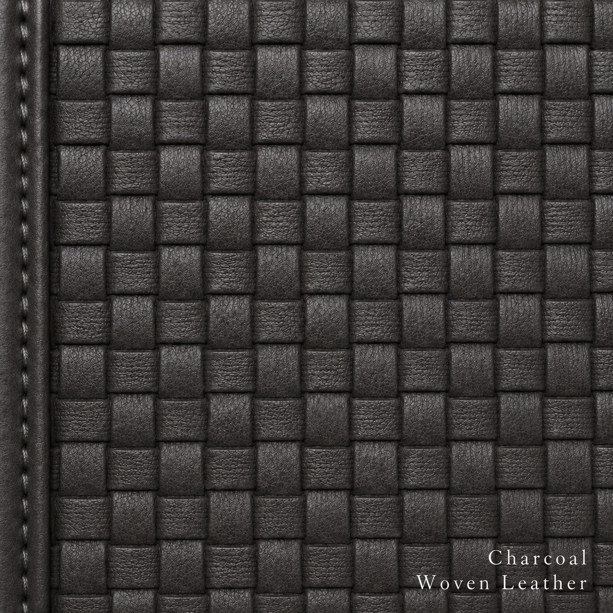 Close-up of charcoal woven leather with 'Charcoal Woven Leather' text.